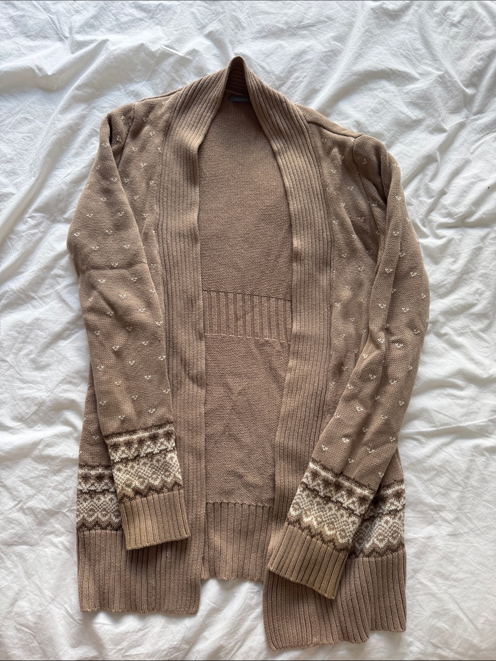 Taupe Open-Front Cardigan with Fair Isle Cuff Detail
